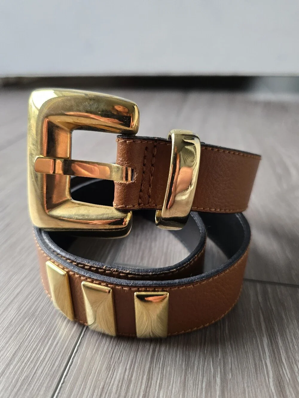 The Limited Tan Leather Belt Gold Pyramid Studs Statement Buckle Italy Vintage S